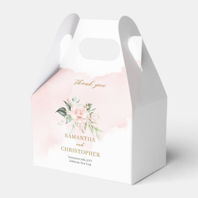 Minimalist chic pink roses eucalyptus gold wedding favour box (Front Side)