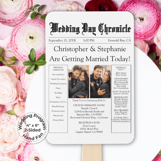 Minimalist Chic QR Code Newspaper Wedding Program Hand Fan (Elegant Script Calligraphy QR code Timeline White Newspaper Wedding Program Hand Fan)