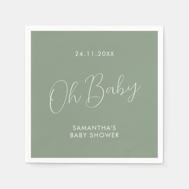 Minimalist Chic Script Sage Green Oh Baby Shower Napkin (Front)