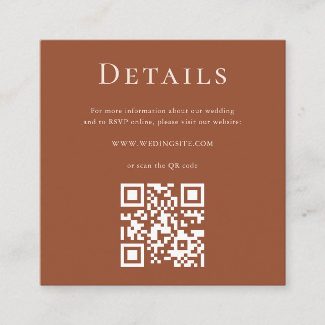 Minimalist Chic Terracotta Wedding Details QR Code Enclosure Card (Front)