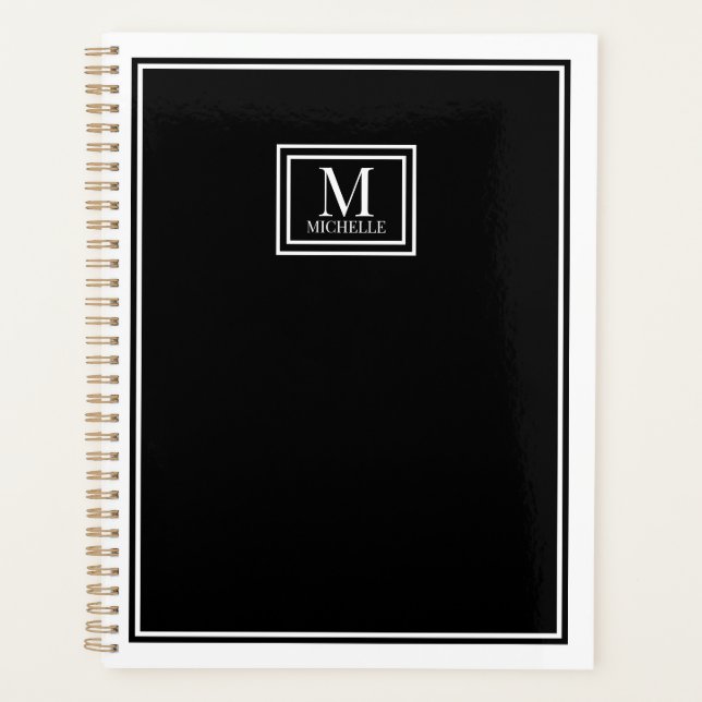 Minimalist Chic Two Boarder Monogram Name Black   Planner (Front)