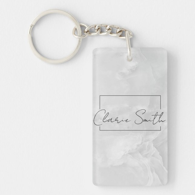 minimalist chic white marble with custom name key ring (Front)