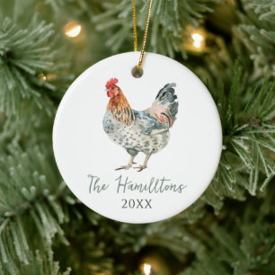 Minimalist Chicken Custom Family Name Christmas Ceramic Tree Decoration
