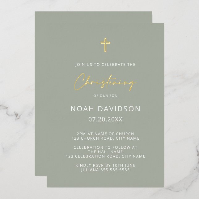 Minimalist Christening Grey Green & Gold   (Front/Back)