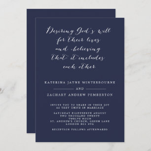Minimalist Christian Navy and White Script Wedding Invitation