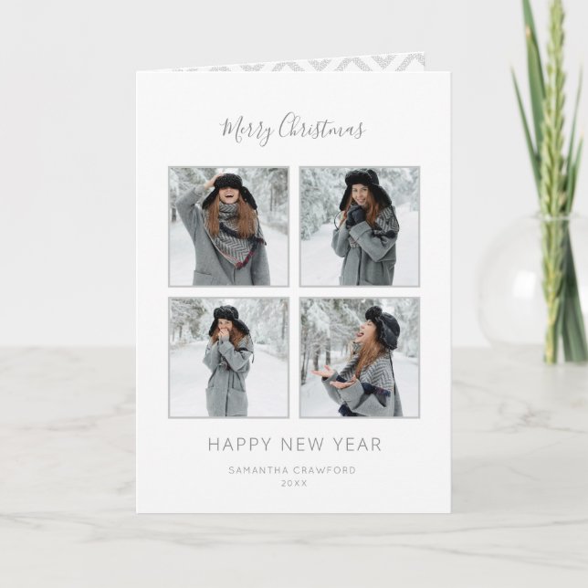 Minimalist Christmas 4-Photo Grey Chevron Card (Front)