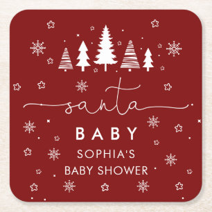 Minimalist Christmas Baby Shower Red Square Paper Coaster