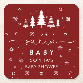 Minimalist Christmas Baby Shower Red Square Paper Coaster