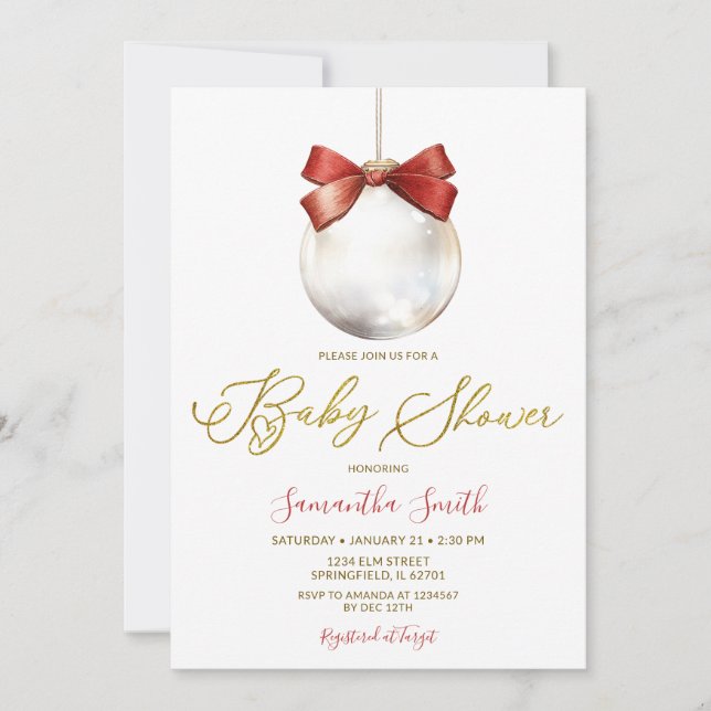 Minimalist Christmas Bauble Gold Baby Shower Invitation (Front)