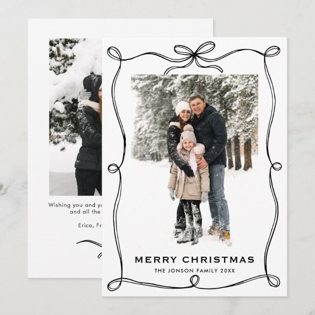 Minimalist Christmas Boho Black Bow Ribbon 2 Photo Holiday Card (Front/Back)