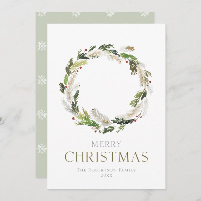 Minimalist Christmas Card with Greenery Wreath (Front/Back)