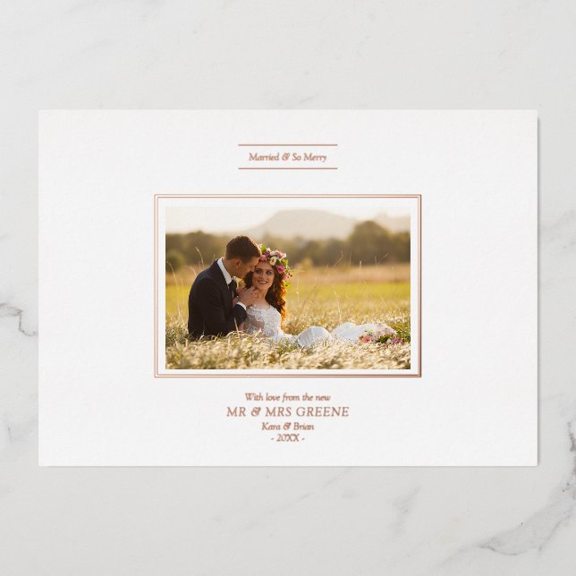 Minimalist Christmas Chic Newlyweds Photo Couple Foil Holiday Card (Front)