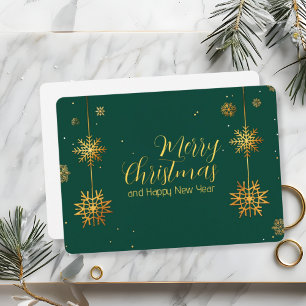 Minimalist Christmas Gold Foil Snowflakes on Green Holiday Card