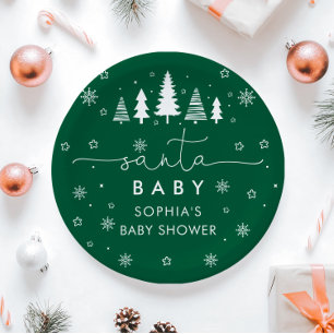 Minimalist Christmas Green Santa Baby Shower  Paper Plate
