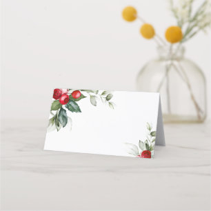 Minimalist Christmas Greenery & Red Berries Weddin Place Card