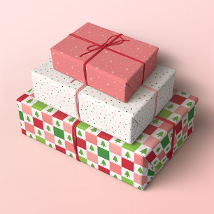 Minimalist Christmas Patterns, Red, Pink and Green Wrapping Paper Sheet