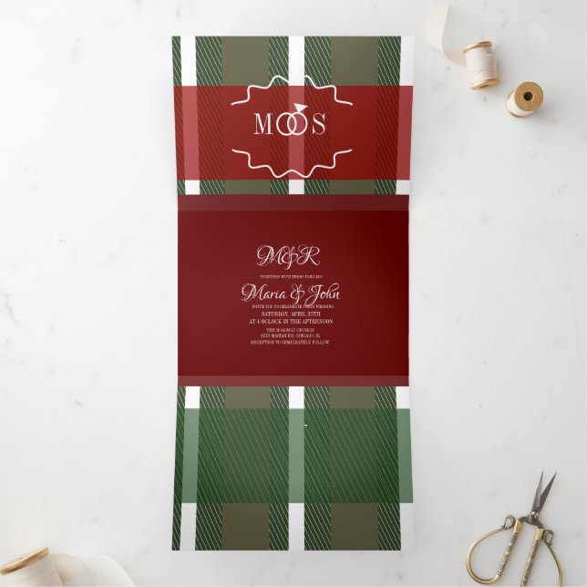 Minimalist Christmas Plaid White Ring Logo Wedding Tri-Fold Invitation (Inside)