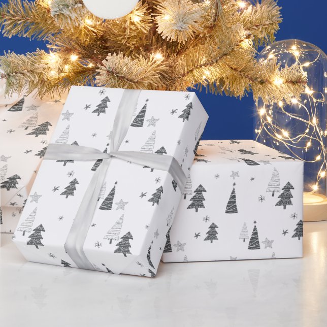 Minimalist Christmas Simple Hand-Drawn Trees Stars Wrapping Paper (Holidays)