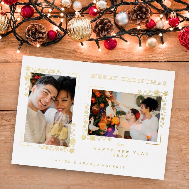 Minimalist Christmas Snowflakes 2 Photos Frame Foil Holiday Card (Creator Uploaded)