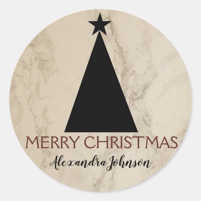 Minimalist Christmas Tree Black an White Marble Classic Round Sticker (Front)
