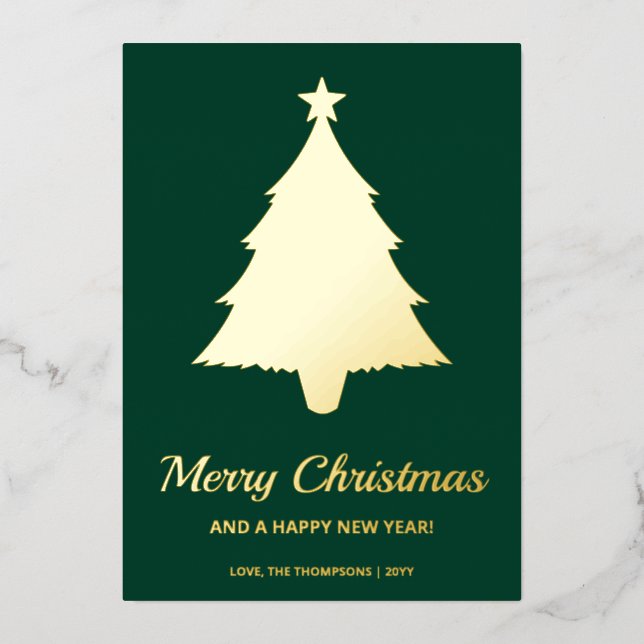 Minimalist Christmas Tree Shape With Text On Green Foil Holiday Card (Front)