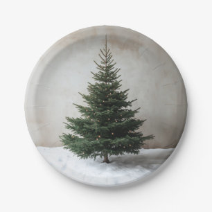 Minimalist Christmas Tree with Soft Lights on Snow Paper Plate
