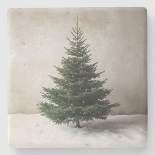 Minimalist Christmas Tree with Soft Lights on Snow Stone Coaster