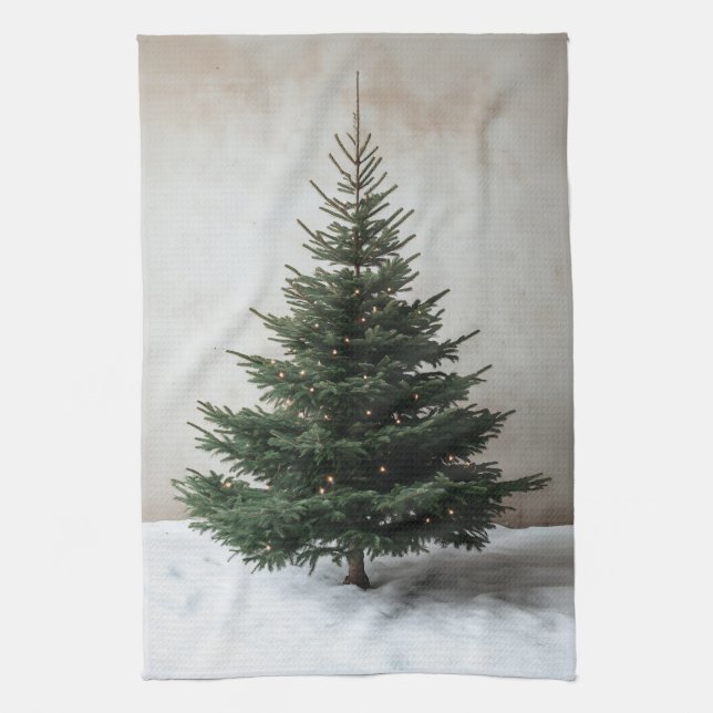 Minimalist Christmas Tree with Soft Lights on Snow Tea Towel (Vertical)