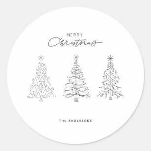 Minimalist Christmas Trees Black & White Classic Round Sticker