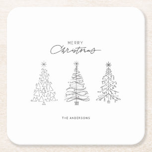 Minimalist Christmas Trees Custom Name Square Paper Coaster