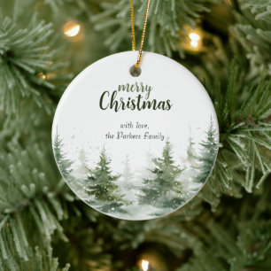 Minimalist Christmas Watercolor Evergreen Snow Ceramic Tree Decoration
