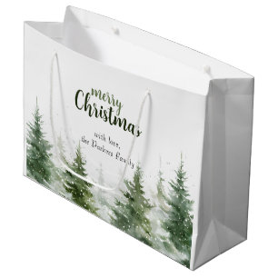 Minimalist Christmas Watercolor Evergreen Snow  Large Gift Bag
