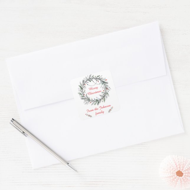 Minimalist Christmas Wreath and Lights Square Sticker (Envelope)