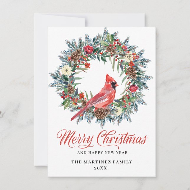 Minimalist Christmas Wreath Cardinal Greeting Holiday Card (Front)