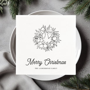 Minimalist Christmas Wreath Line Art Personalized  Napkin