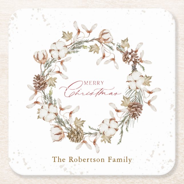 Minimalist Christmas Wreath Square Paper Coaster (Front)