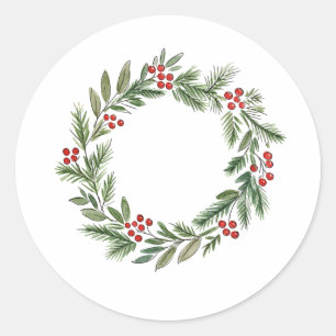 Minimalist Christmas Wreath with Red Berries Classic Round Sticker