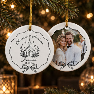 Minimalist Church Wedding Just Married Photo Ceramic Tree Decoration