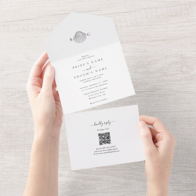 Minimalist Clam Seashell Monogram Wedding All In One Invitation (Tearaway)