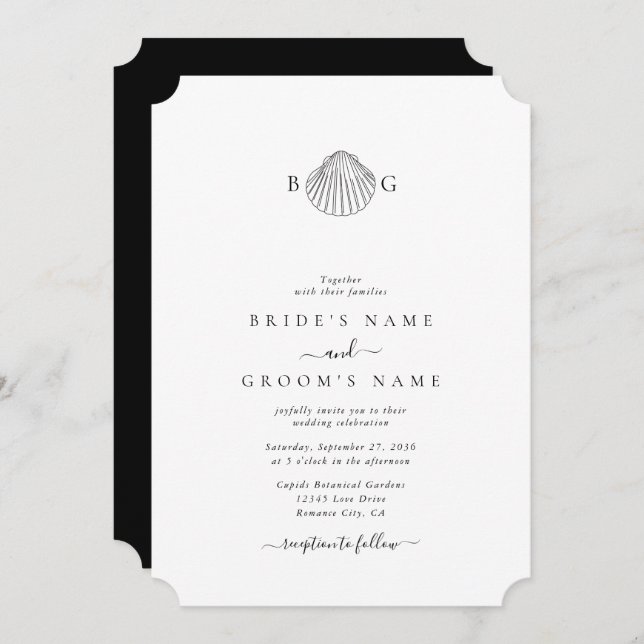 Minimalist Clam Seashell Monogram Wedding Invitation (Front/Back)