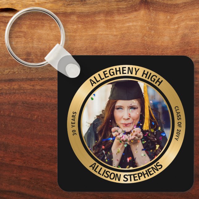 Minimalist Class Reunion Photo - Black | Gold Tone Key Ring (Front)