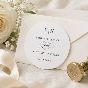 Minimalist Classic Black and White Wedding Round Sticker