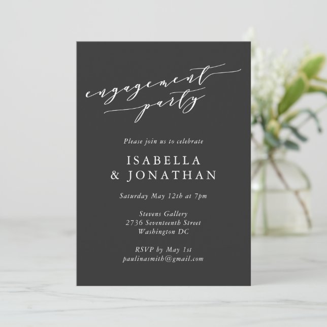 Minimalist Classic Black White Engagement Party Invitation (Standing Front)