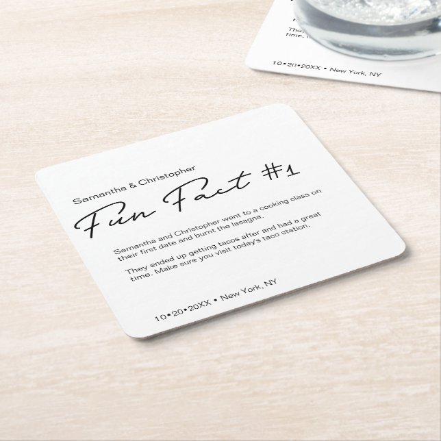 Minimalist Classic Black White fun fact Wedding Square Paper Coaster (Angled)