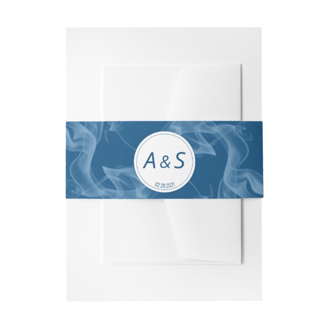 Minimalist Classic Blue Initial Date Wedding Invitation Belly Band (Front Example)