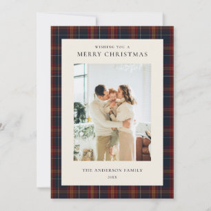 Minimalist Classic Blue Plaid Christmas Photo Holiday Card