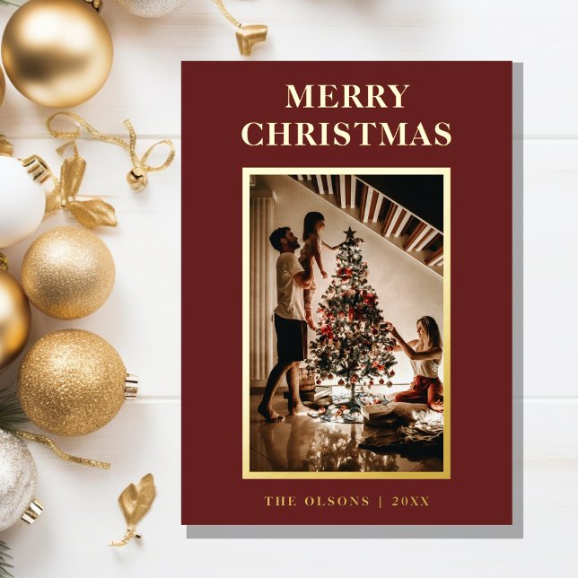 Minimalist Classic Christmas Red Letter and Photo Foil Holiday Card (Creator Uploaded)