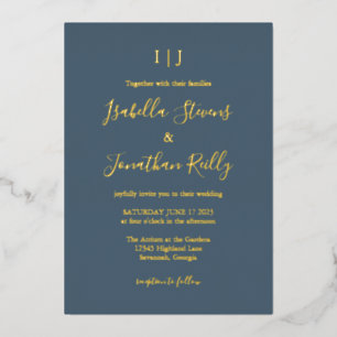 Minimalist Classic Dark Dusty Blue Wedding Gold