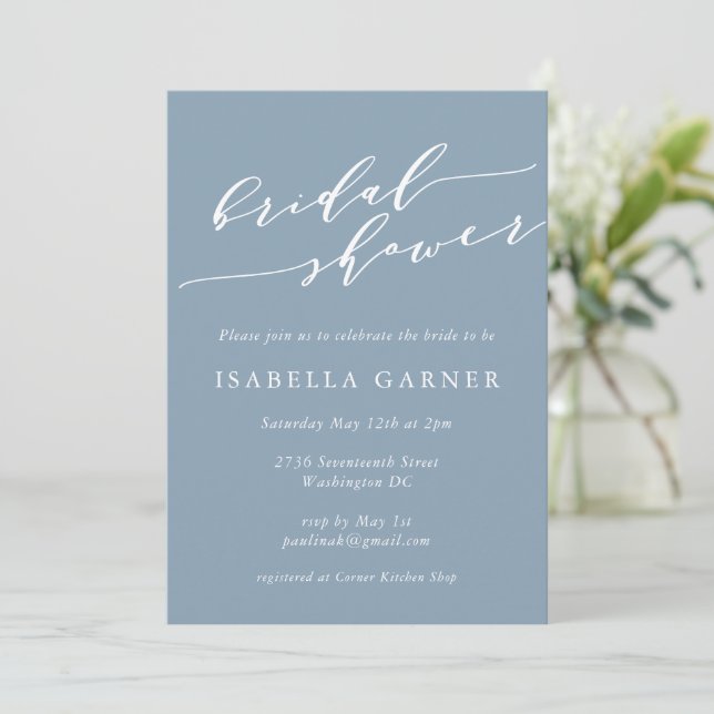 Minimalist Classic Dusty Blue Bridal Shower Invitation (Standing Front)