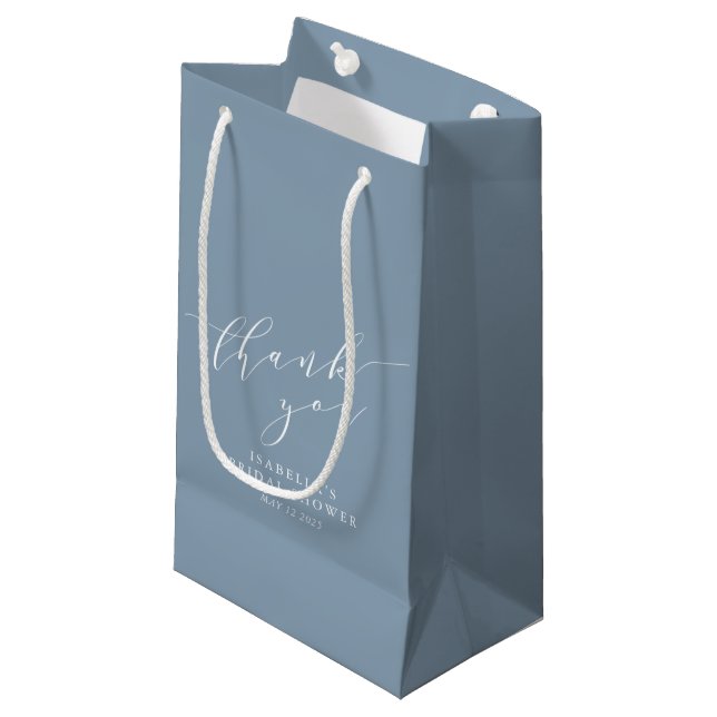 Minimalist Classic Dusty Blue Bridal Shower Thanks Small Gift Bag (Front Angled)